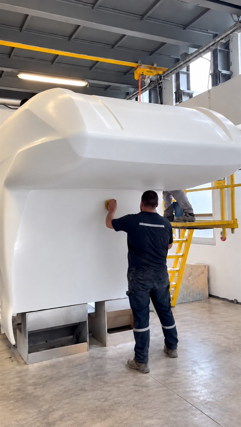 Hotomobil fabrikasında fiberglass monoblok gövde işçiliği